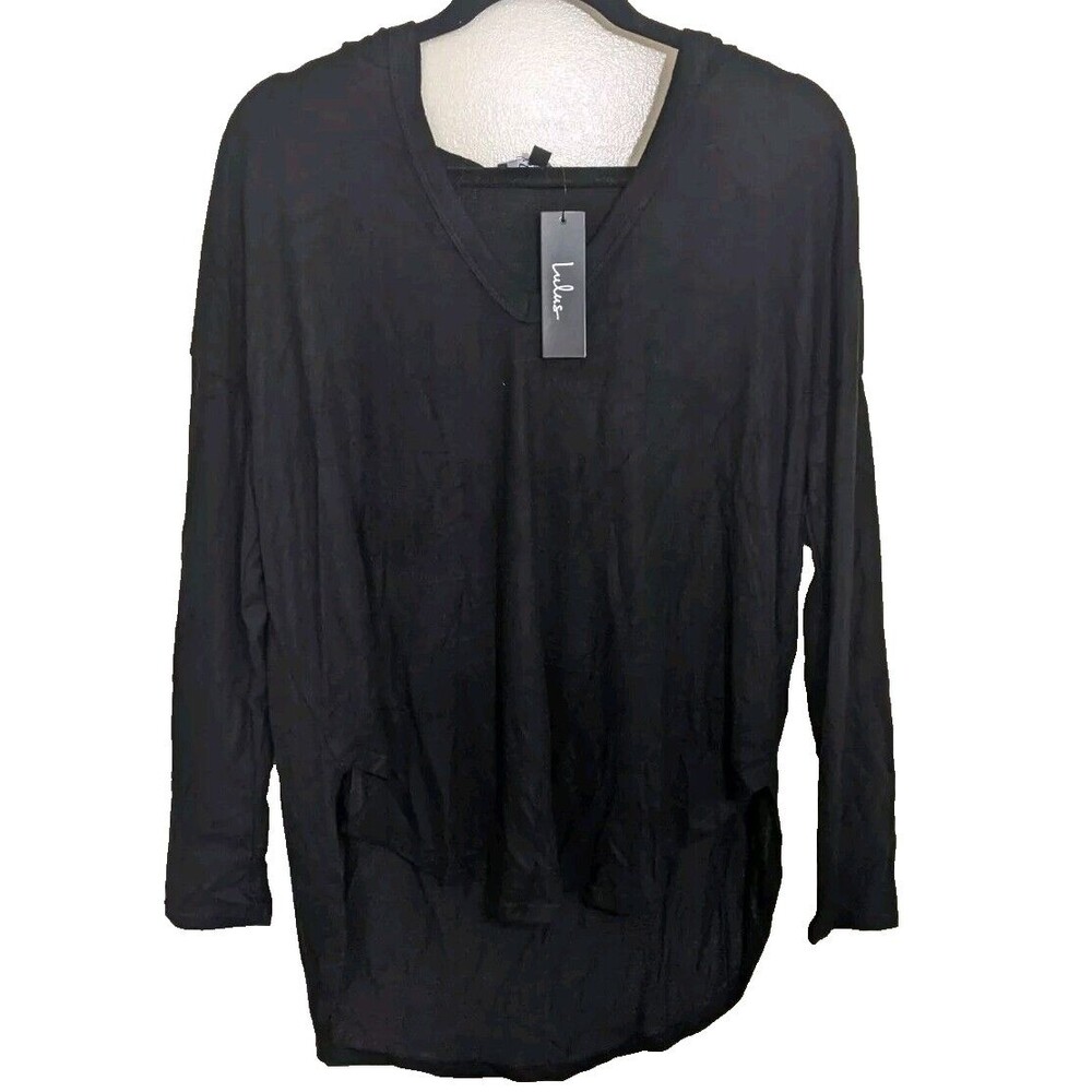 Lulus Top Casually Cute Black Hooded Knit Cozy Stretch Oversized Small